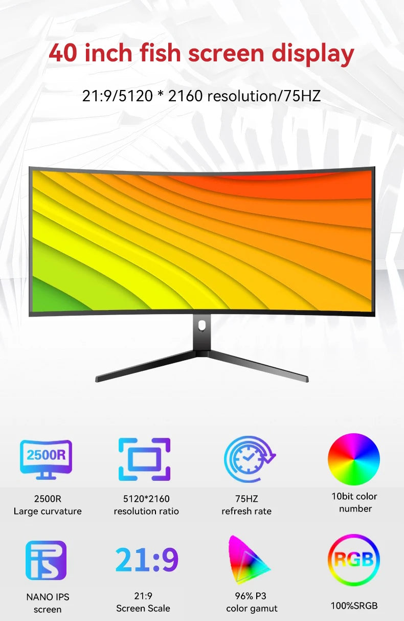 40 Inch R2500 IP45 Nano IPS 5k Widescreen Computer Monitor Gaming Monitor 5120x2160 75hz Ips Curved Screen Monitor