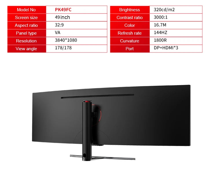 New Promotion High End Popular Super Wide 49 Inch 144hz Curved Screen Gaming  Monitor